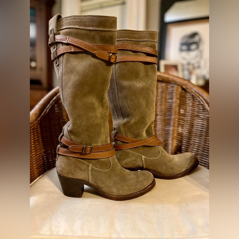 Frye Suede Harness Knee High Boots Olive Green Size 6 - Picture 8 of 11